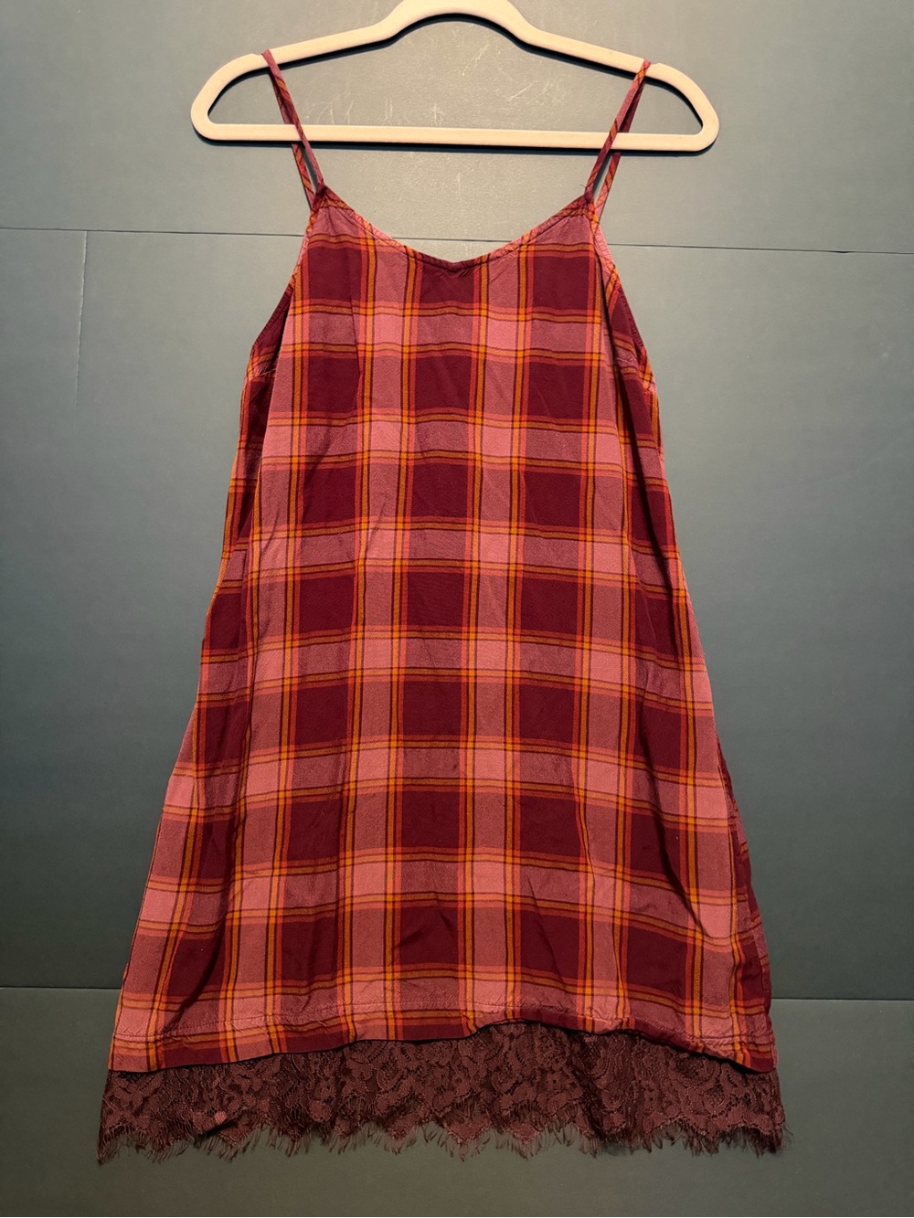Arizona Jean Company Burgundy and Pink Plaid Slip Dress with Lace Hem